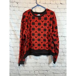 Disney Mickey Mouse‎ Plaid Print Pullover Sweatshirt Crew Neck Graphic XXL